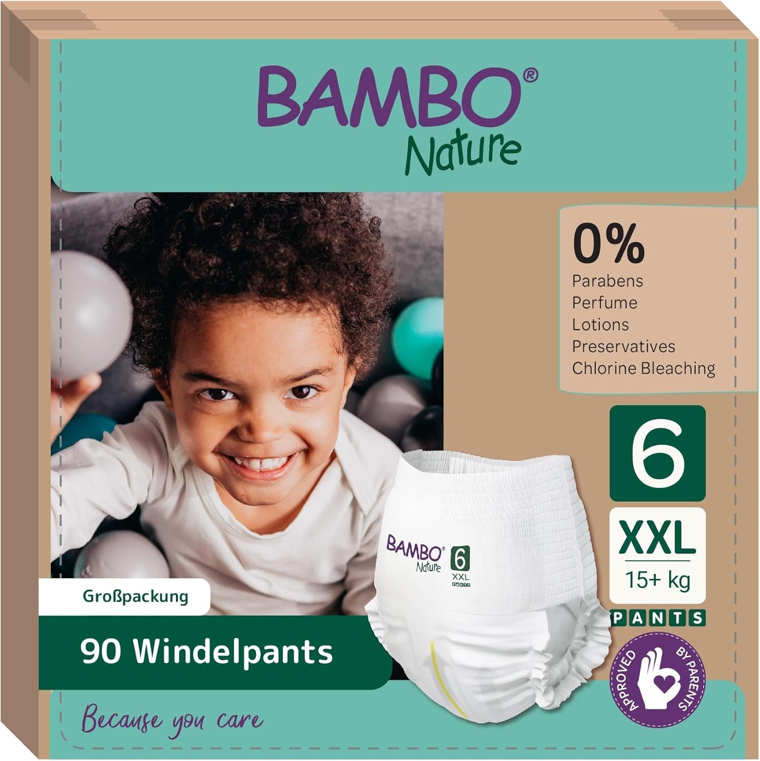 Bambo Nature Babyblöjor, storlek 6 (15+ kg) - Månadslåda med 90 | Spädbarnsblöjor med förbättrat läckageskydd | Maximal komfort och frihet för aktiva barn | Dermatologiskt testade blöjor