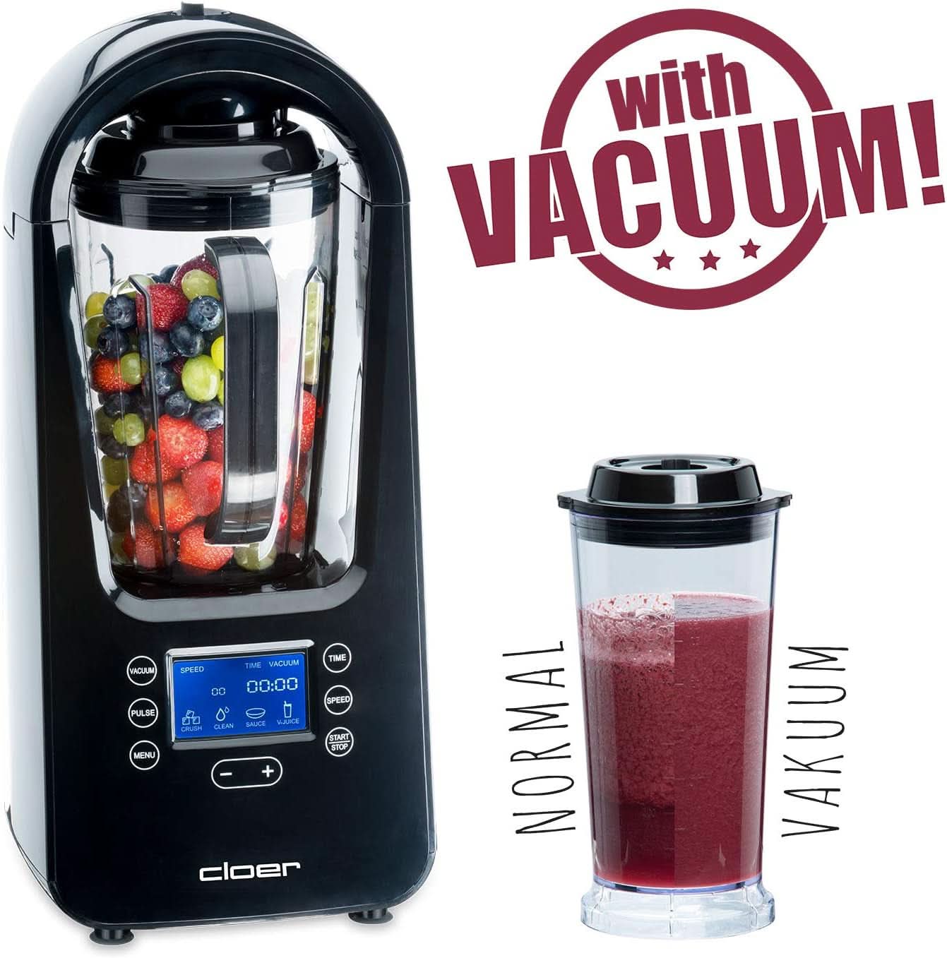 Cloer 6980 Vakuum Standmixer / 800 Watt / 21 000 U/Min. / Inkl. Vorratsbehälter/Vakuumventil/Automatikprogram/Eis-Crush-Funktion/Reinigungsfunktion/Schwarz, 1500 Milliliters Kitchen Naty Shop