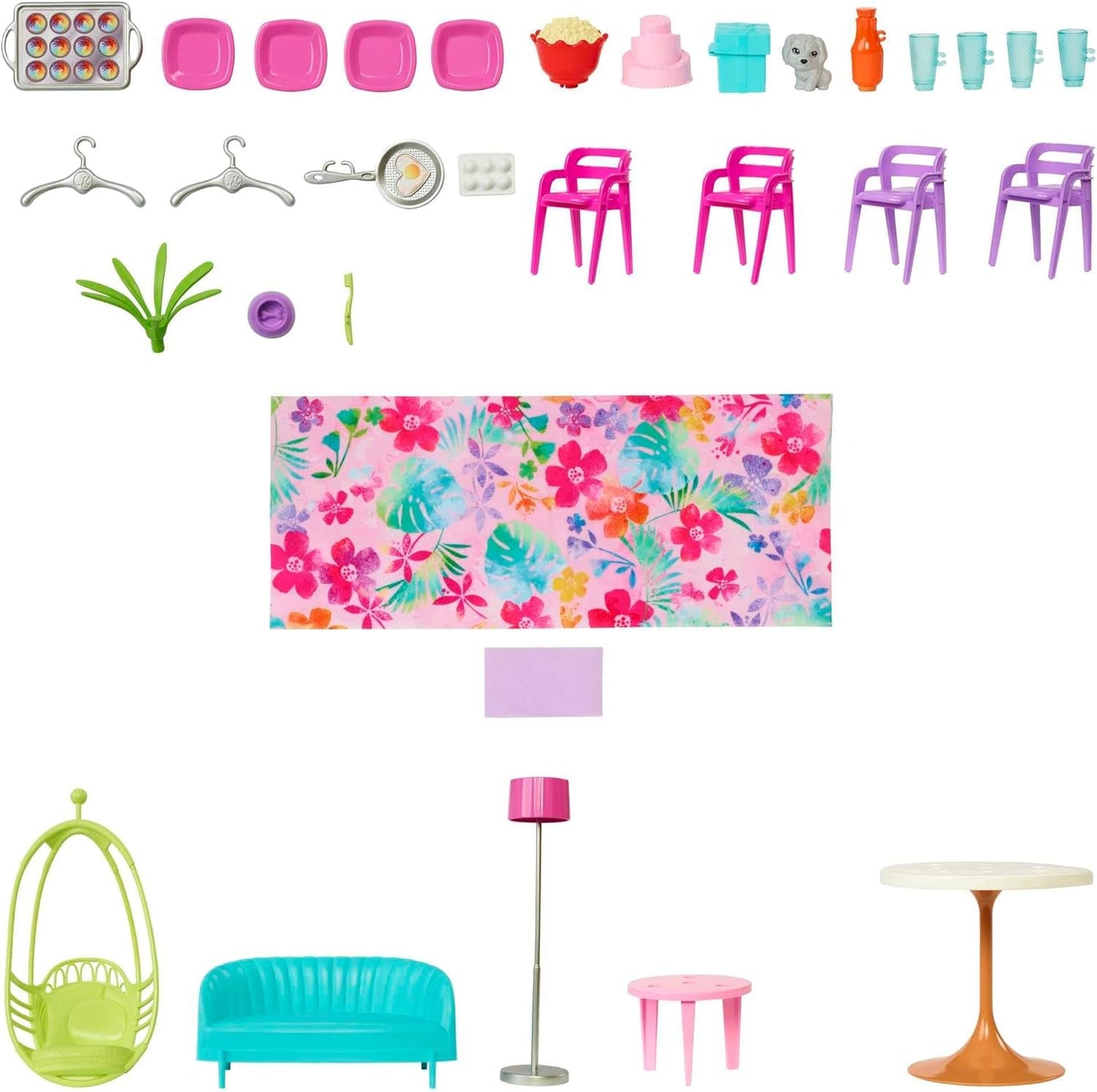 Barbie Holiday House (116 x 77,9 cm), 6-sits lekstuga, fullt möblerad med tillbehör, möbler och hiss, hopfällbar och förvaring, docka, present för barn från 3 år och uppåt, HCD50