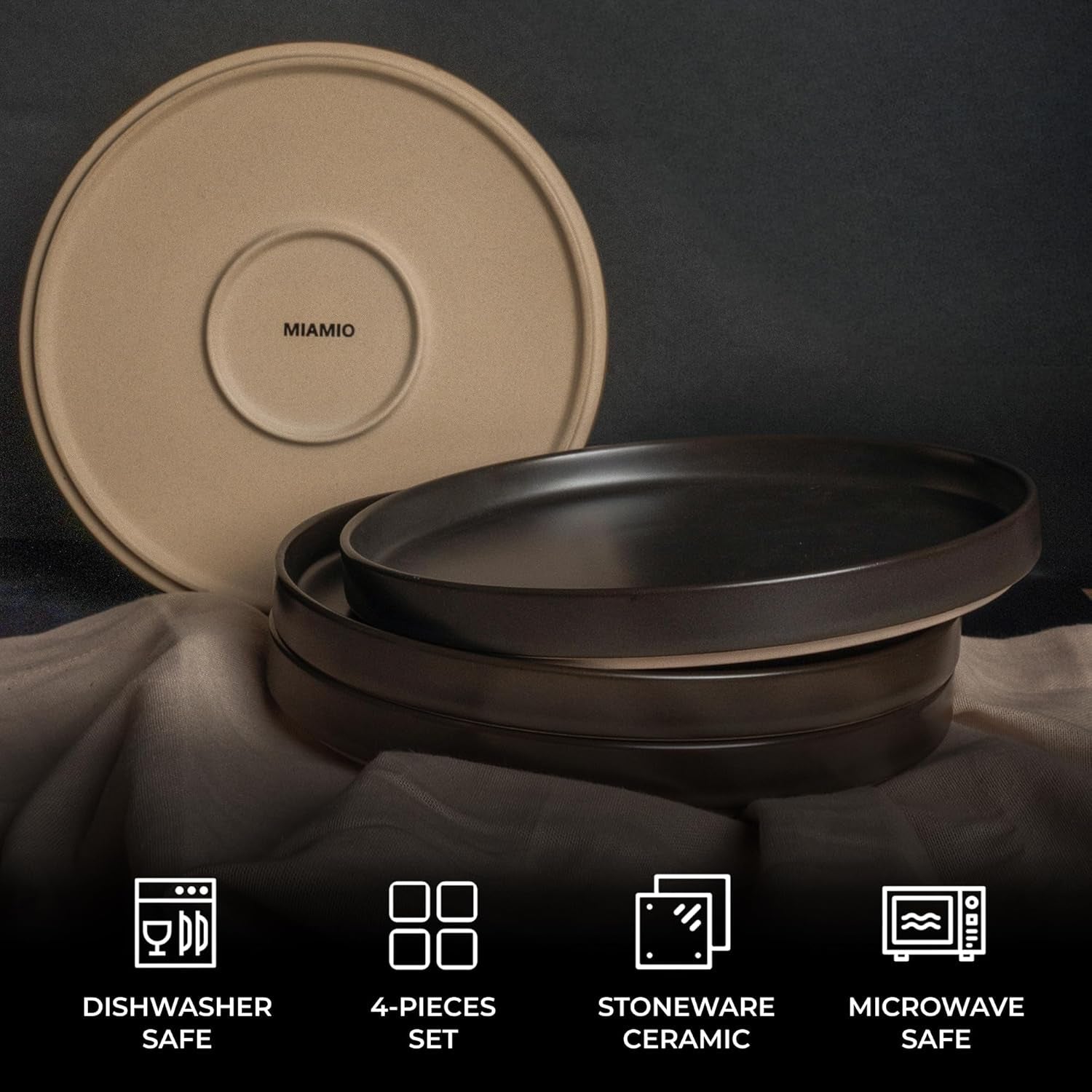 MIAMIO - 4-personers tallriksset / 4-personers keramiskt servisset, diskmaskin och mikrovågssäkert servis av stengods - Sierra Collection (mörka tallrikar, stora tallrikar (4x))