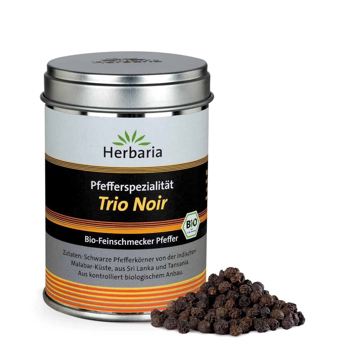 Herbaria Trio Noir bio 75g M-Dose – Bio Pfeffer schwarz ganz – ganze Pfefferbeeren – schwarze Pfeffermischung aus biologiska Anbau von drei verschiedenen Regionen - in nachhaltiger Aromaschutz-Dose