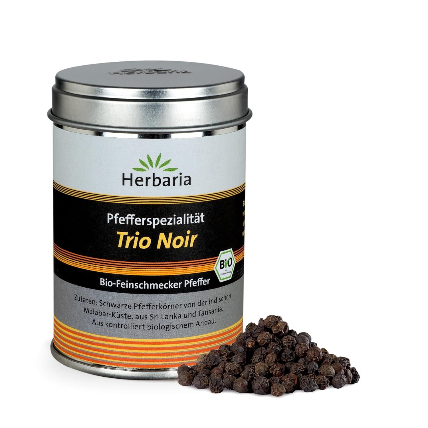 Herbaria Trio Noir bio 75g M-Dose – Bio Pfeffer schwarz ganz – ganze Pfefferbeeren – schwarze Pfeffermischung aus biologiska Anbau von drei verschiedenen Regionen - in nachhaltiger Aromaschutz-Dose