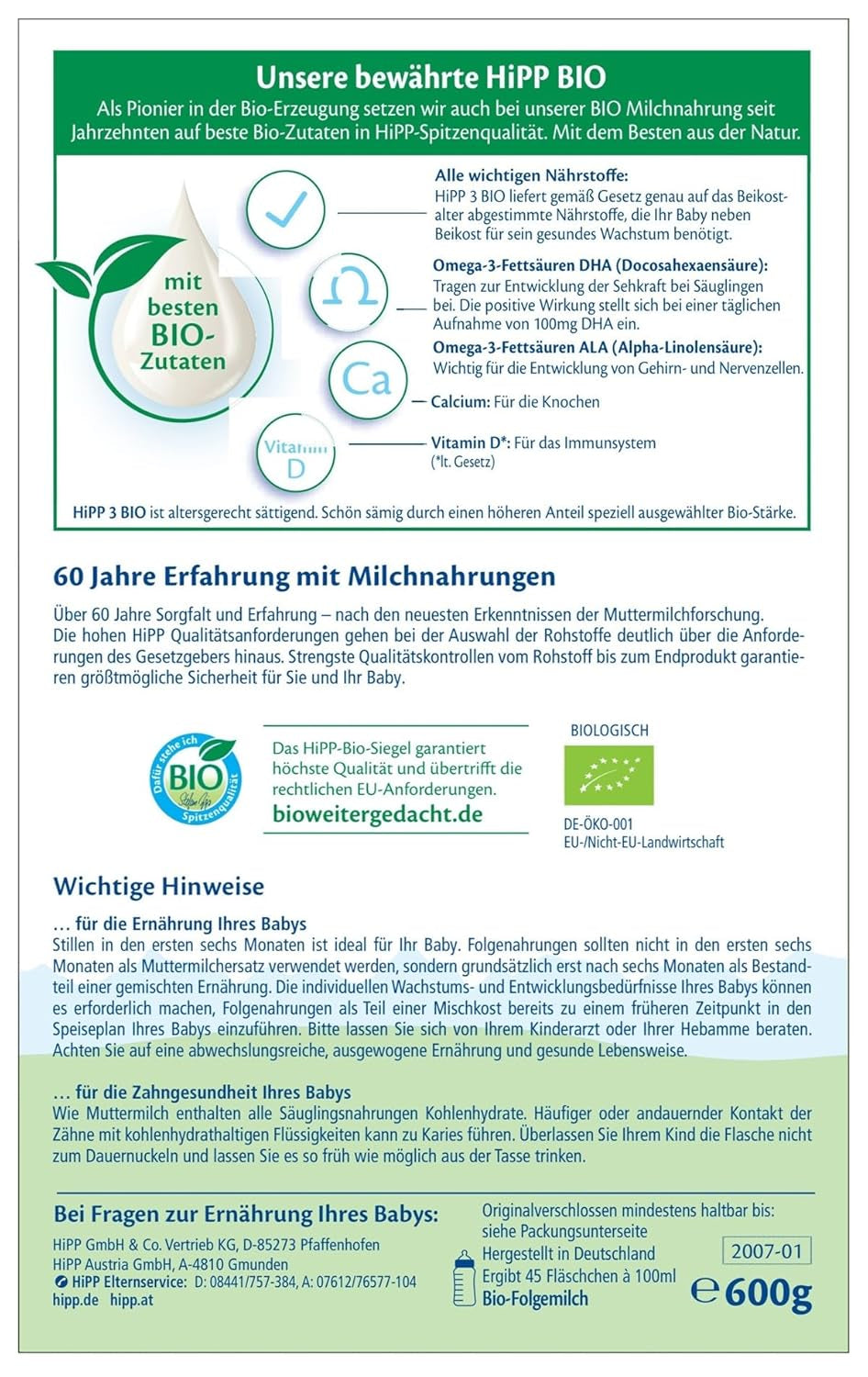 HiPP 3 Ekologisk tillskottsmjölk (4 x 600g) - efter 10 månader, med Omega-3 (DHA, ALA), Kalcium, Vitamin D, av bästa ekologiska kvalitet