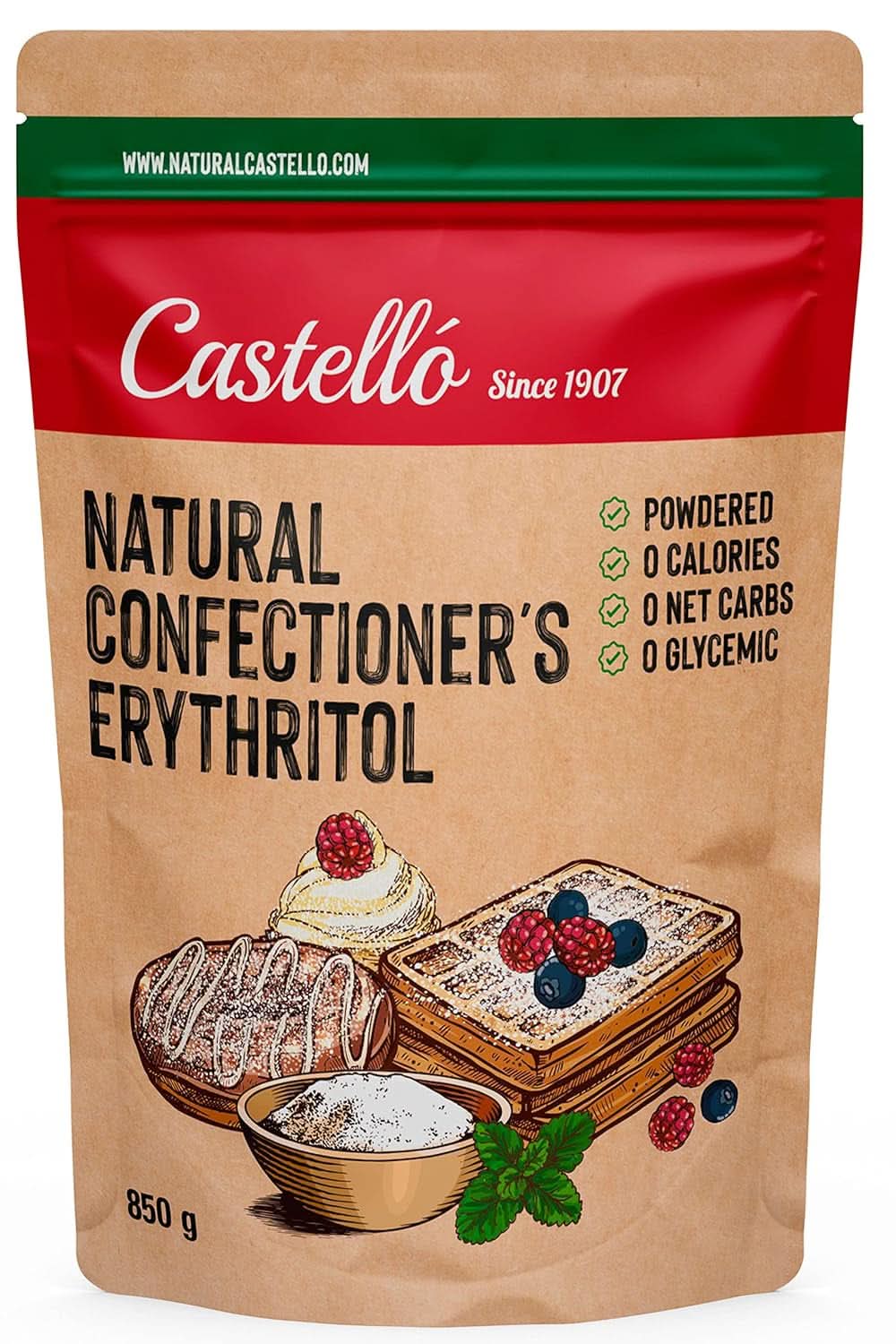 Naturlig erytritol - florsocker | 10G = 7G socker, 850 gram Sweeteners Naty Shop