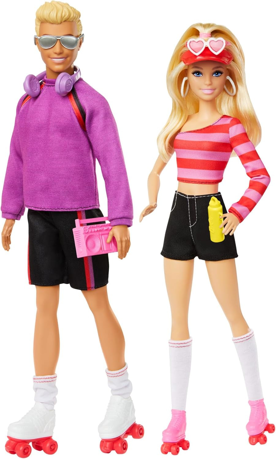 Barbie Fashionistas Set med 2 modedockor och 6 tillbehör, Barbie och Ken rullskridskomodedockor, 65-årsjubileumsfigurer, HXK90