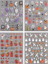 JMEOWIO 3D Nagelsticker Halloween Nail Art Sticker Selbstklebend Nagelaufkleber 5D Stereoskopisk Süßer Geisterkürbis Dekoration Nageldesign Zubehör 4 Blatt