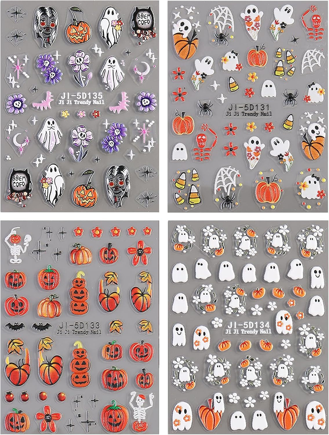 JMEOWIO 3D Nagelsticker Halloween Nail Art Sticker Selbstklebend Nagelaufkleber 5D Stereoskopisk Süßer Geisterkürbis Dekoration Nageldesign Zubehör 4 Blatt