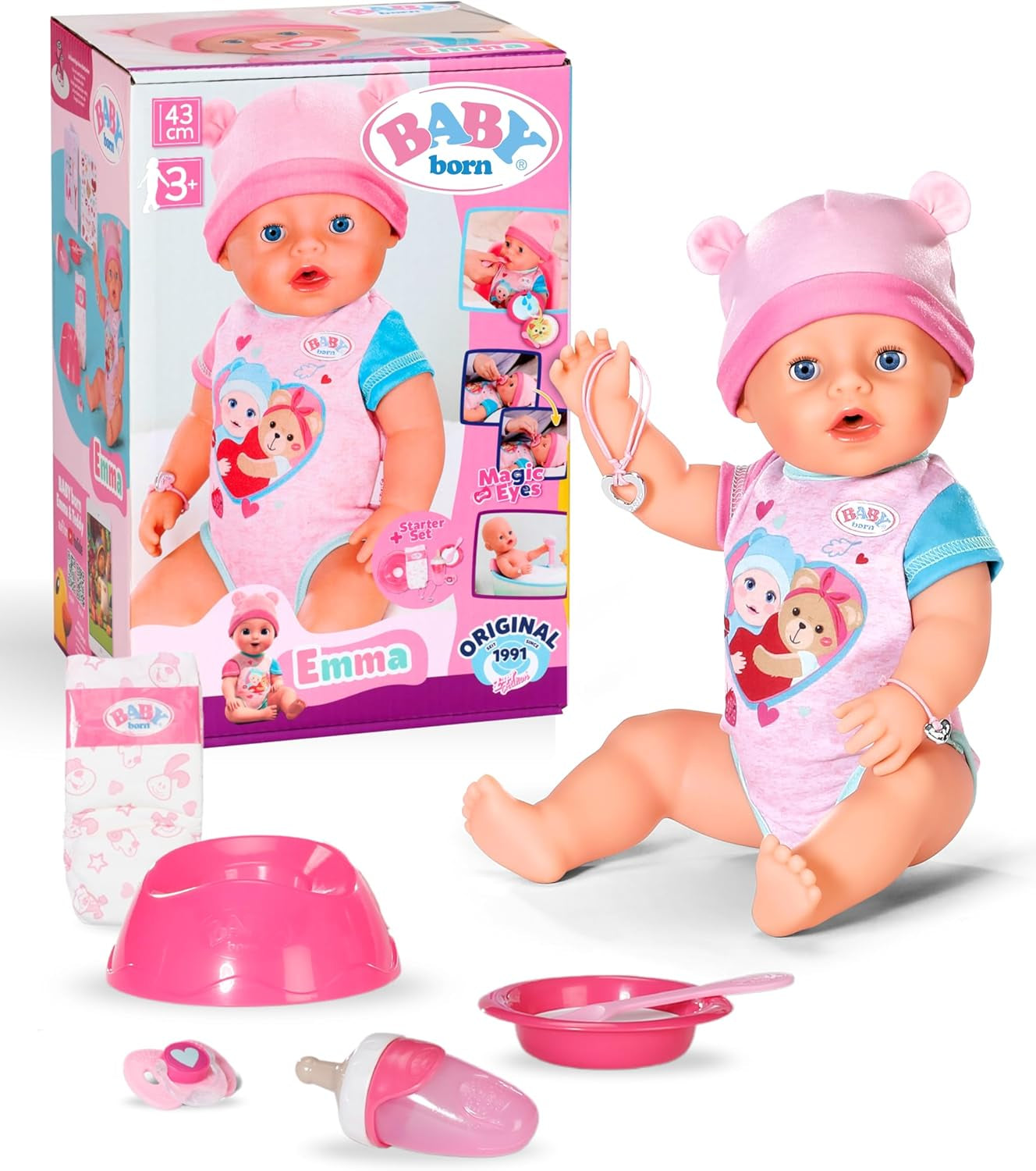 BABY Born Emma - babydocka 43 cm - 10 funktioner inklusive tillbehör och madrass - Fungerar helt utan batterier - Lämplig för barn från 3 år och uppåt