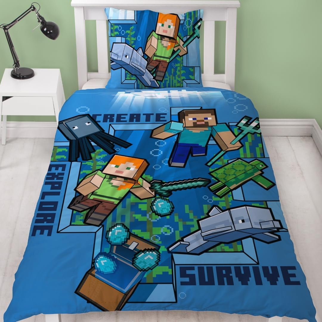 Minecraft Bettwäsche Kinderbettwäsche Jugendbettwäsche 135X200 · Unterwasserwelt · Wende Motiv · Kissenbezug 80X80 + Bettbezug 135X200 Cm · 100 % Baumwolle · Deutsche Größe Naty Shop Standardtitel
