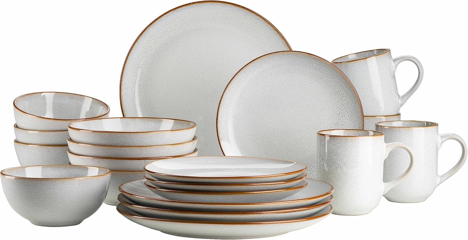 MÄSER Mabella, Vintage servisset för 4, 20-delars kombinationsservice med förfinad reaktiv glasyr och fin brun kant, Stengods, Grå-Beige