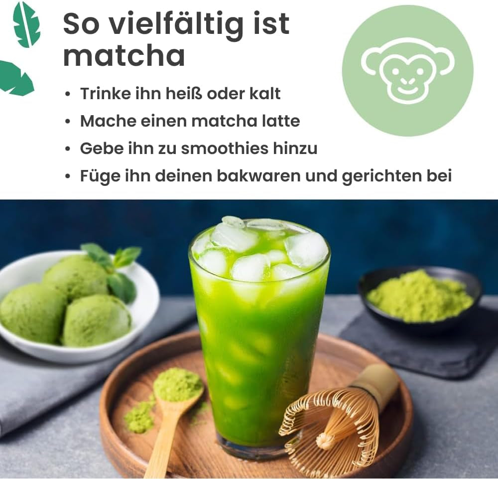 Purechimp Matcha-pulver av ceremoniell kvalitet 50 g. 100 % ren nyansodlat tepulver för lattes, infusioner och recept. Återvinningsbar burk. Rik på antioxidanter.