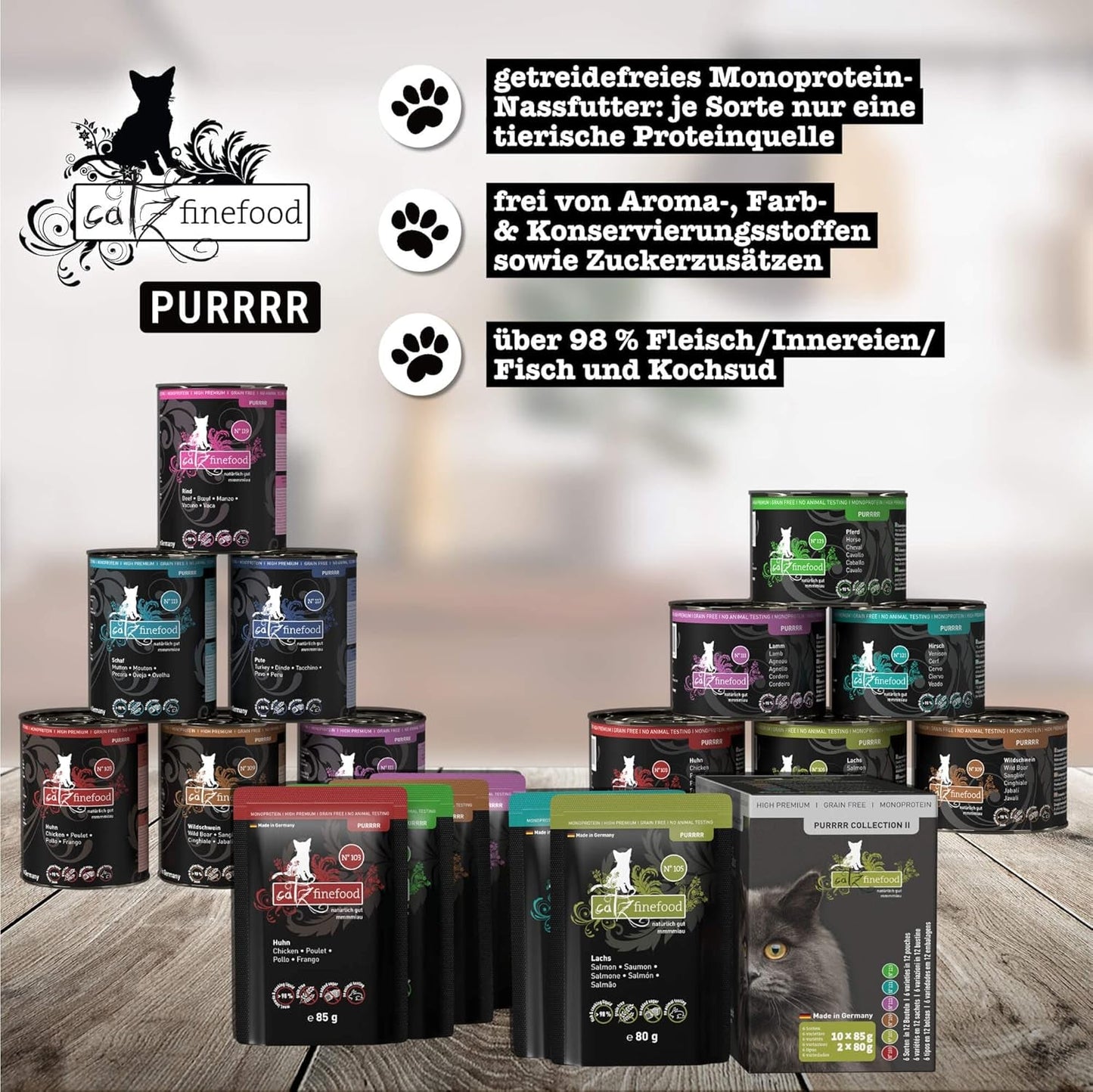 Våt kattmat Catz Finefood Purrrr med monoprotein och lax nr. 105, för katter med känslig matsmältning, 16 x 80 g