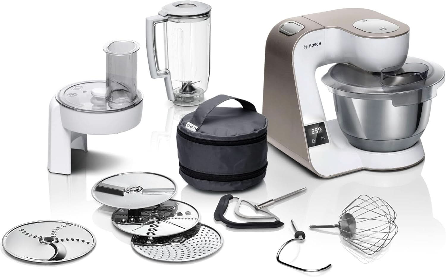 Matberedare Bosch Series 4 MUM5X720, integrerad våg, skål i rostfritt stål 3,9L, mixer 1,25L, 1000W Tillbehör Mat och amning Bebe Naty Shop Integrerad våg Vit 2 tillbehör