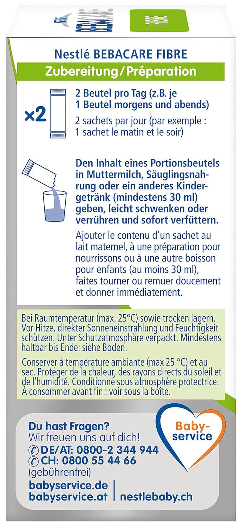 BEBACARE FIBER glutenfritt kosttillskott för skonsam matsmältning, kosttillskott för spädbarn från födseln och små barn, 1x (20 x 2,2g)