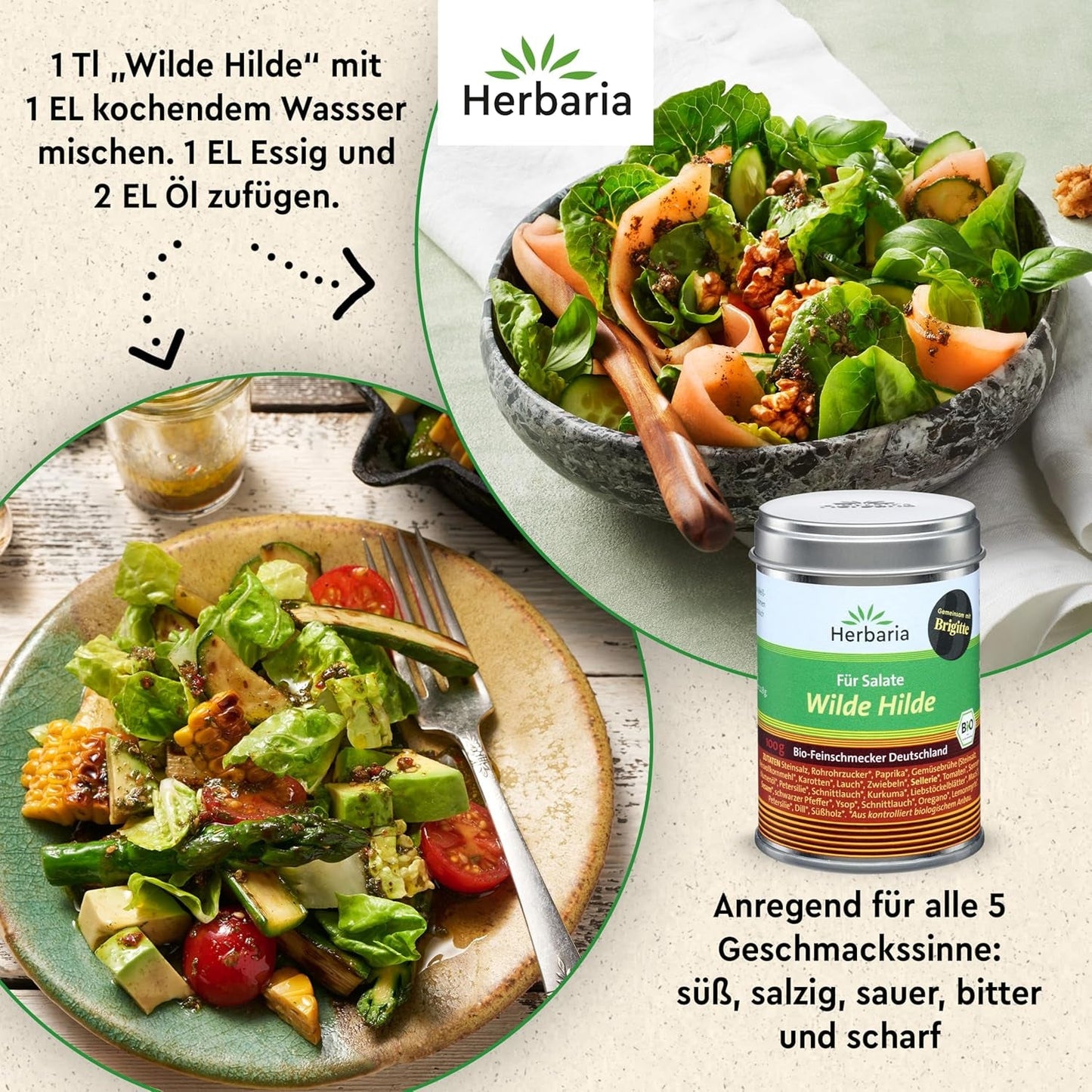 Herbaria Wilde Hilde bio 100g M-Dose-fertige Bio-Gewürzmischung - Saladgewürz für ausgefeilte Salade - mit erlesenen Ingrediens - in nachhaltiger Aromaschutz-Dose