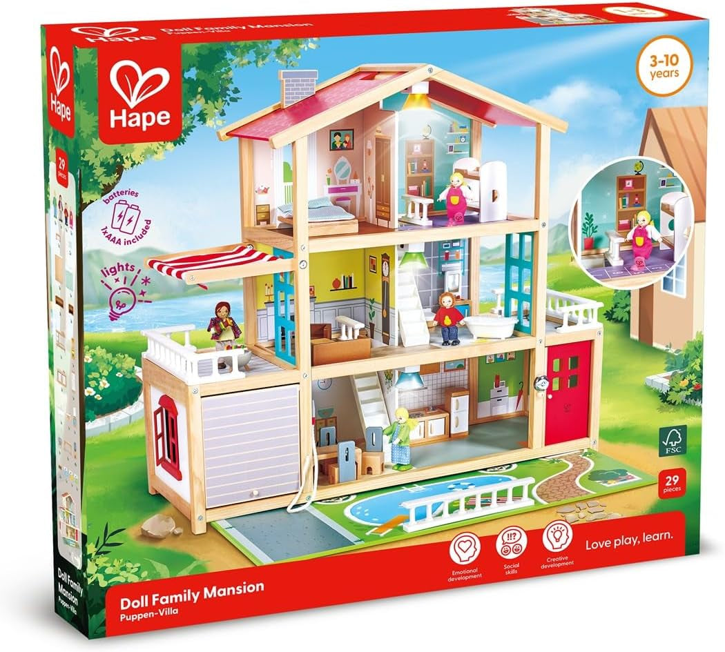 Hape dockvilla 10-rums dockhus i trä Kreativt rollspel inklusive möbler och tillbehör Pedagogisk leksak för åldrarna 3 och uppåt
