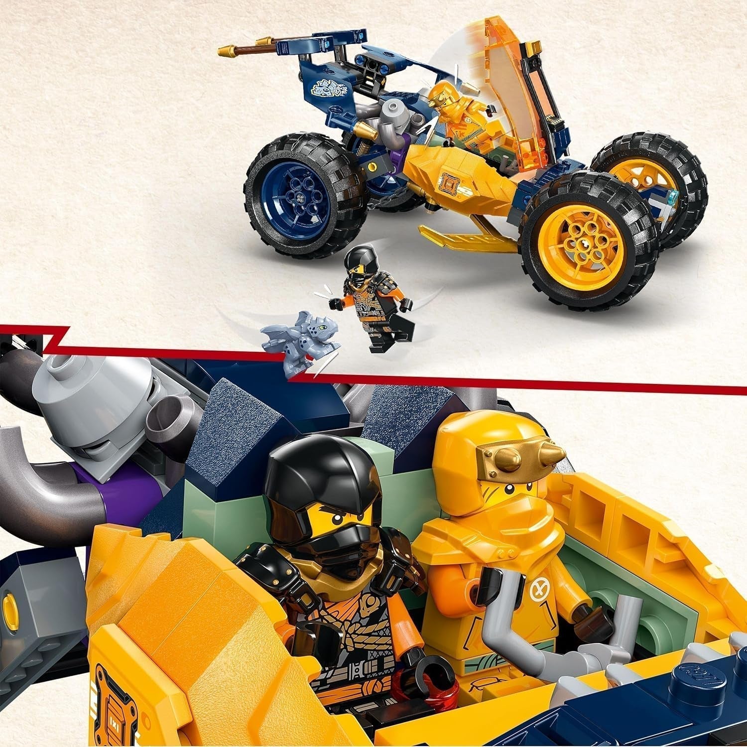 LEGO NINJAGO Arins Ninja terrängvagn, Ninjaleksak med bil, drake och 4 minifigurer, äventyrsset för barnvagnar, födelsedagspresent för pojkar och flickor 7 år 71811 Byggset Beuche den LEGO-Store