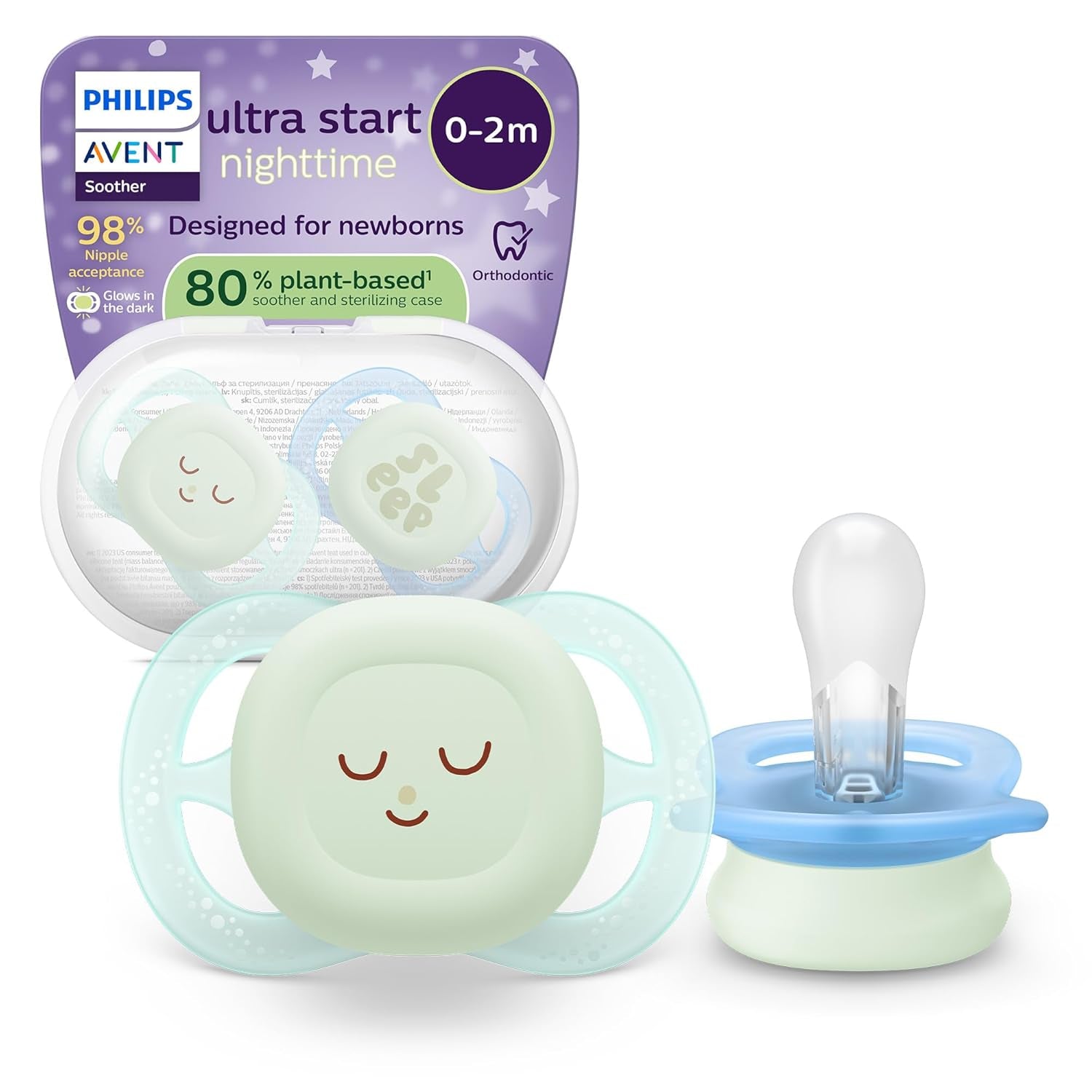 Philips AVENT Ultra Start nattnapp, ortodontisk napp för nyfödda, Glow in the Dark, BPA-fri, med steriliseringsbehållare, Twin Pack, Moon, Star, SCF075/07
