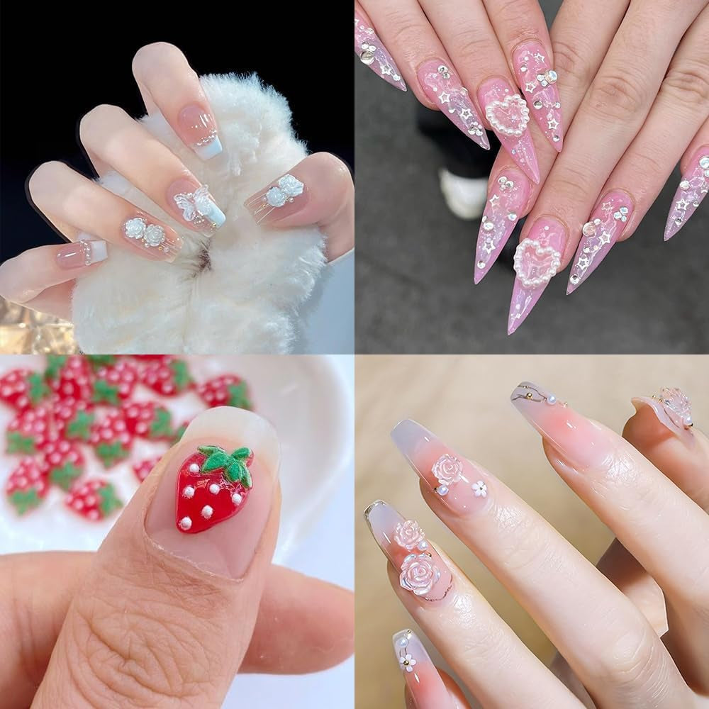 100st 3D Nail Charms Rosa Rot Kirsche Erdbeere Blume Nagel Charms Kamelie Rose Schmetterling Nail Art Charms Flatback Herz Schleife Charms Nägel Zubehör Mond Stern Nagelschmuck Nageldesign Anhänger
