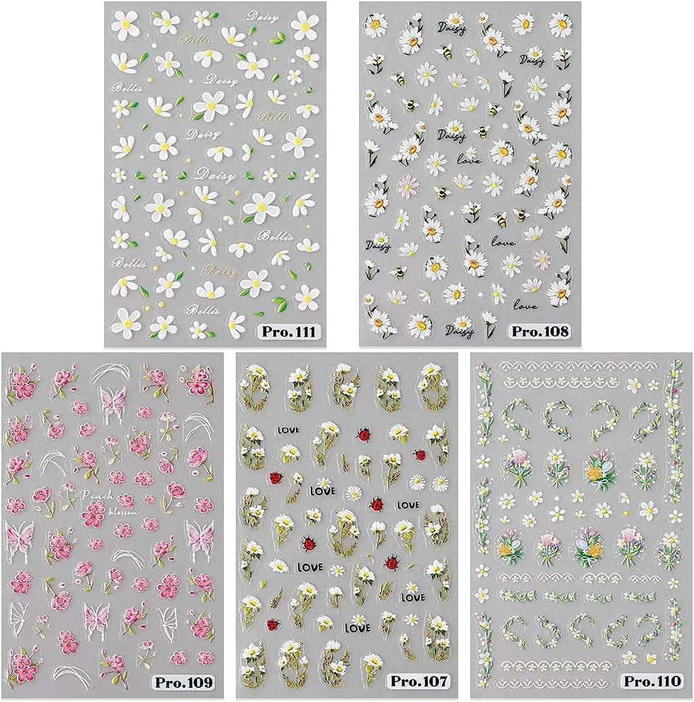 5st Geprägte Gänseblümchen Nagelsticker Selbstklebend Blumen Nagelaufkleber Gänseblümchen Schmetterling Nagel Sticker Nageldesign Aufkleber Nägel Zubehör Blume Nail Sticker Flower Nail Art Stickers