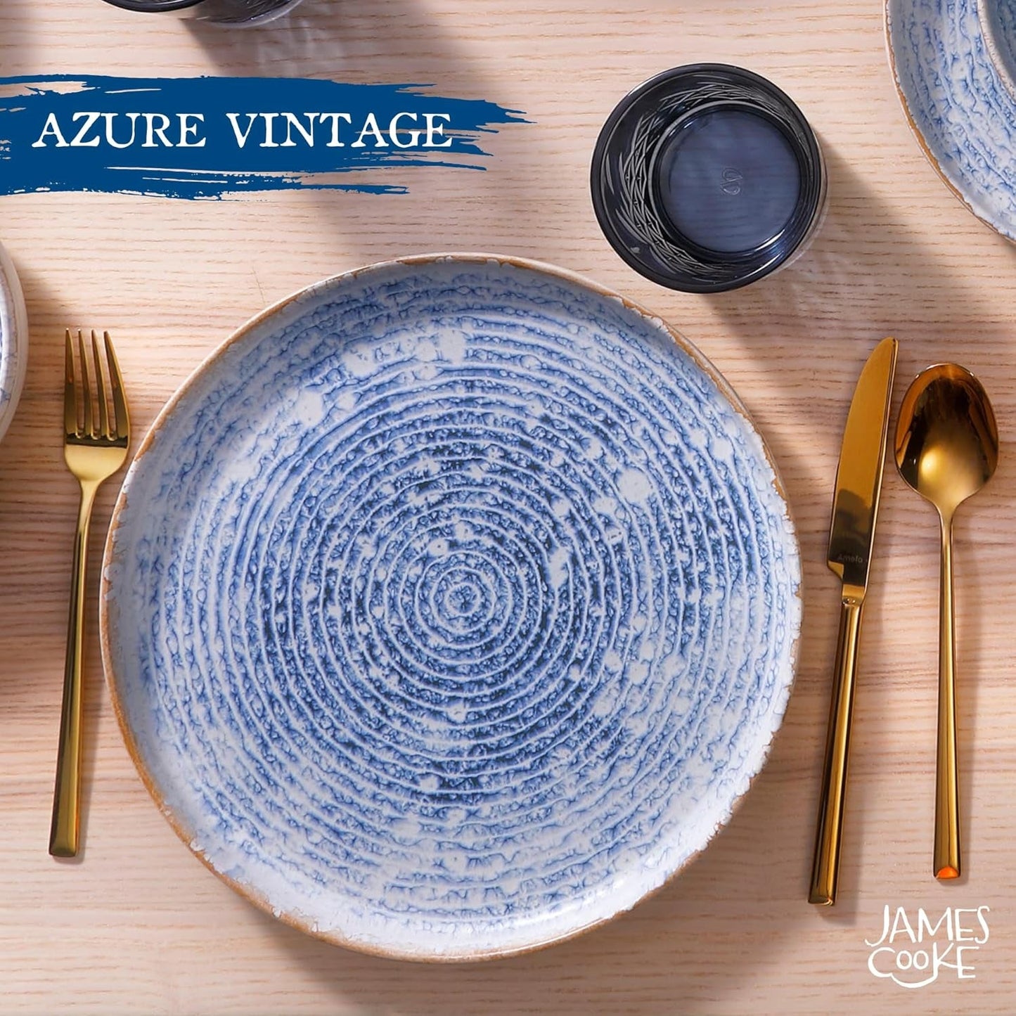 Azure Vintage Stoneware servisset för 6 - 24 delar - vita och blå ränder, präglad yta - Diskmaskin, ugn och mikrovågssäker