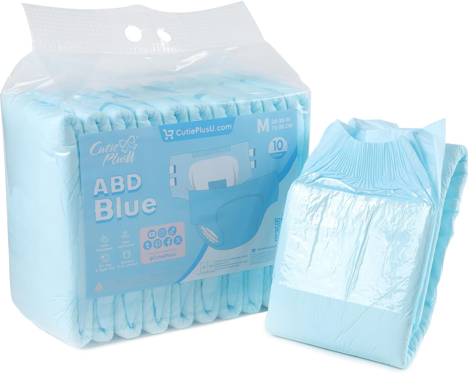 CutiePlusU vuxenblöjor, 10-pack inkontinenstrosor för engångsbruk med öglor för kvinnor och män, maximal absorptionsförmåga över natten - vit (medelstor 71-96 cm)