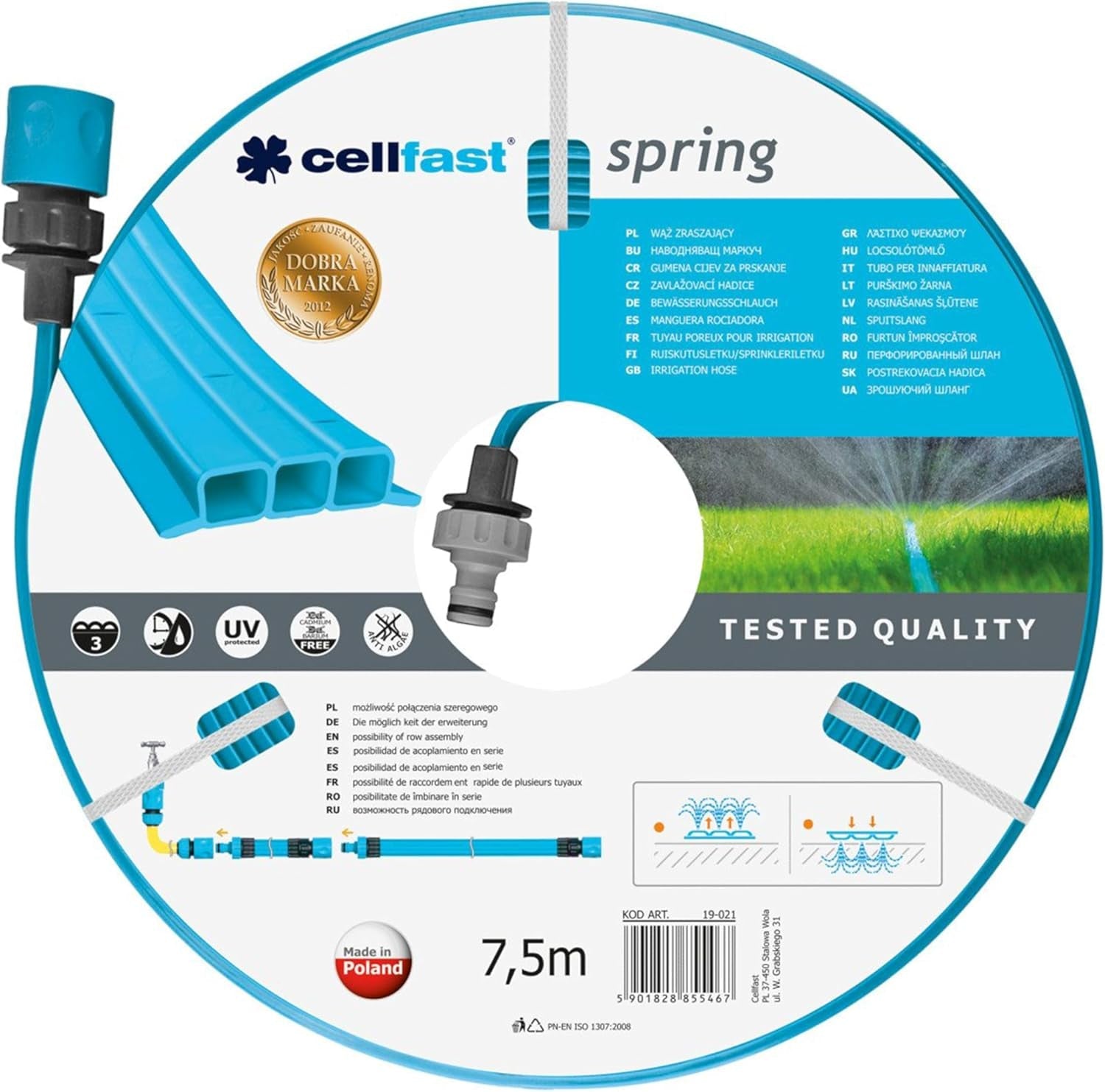 Cellfast SPRING bevattningsslang, trekanalig bevattningsslang med fulla kopplingar, tillverkad av högkvalitativ tråd, UV-beständig, 15 m, 1/2 tum, 19-022, flerfärgad, 38x38x8 cm