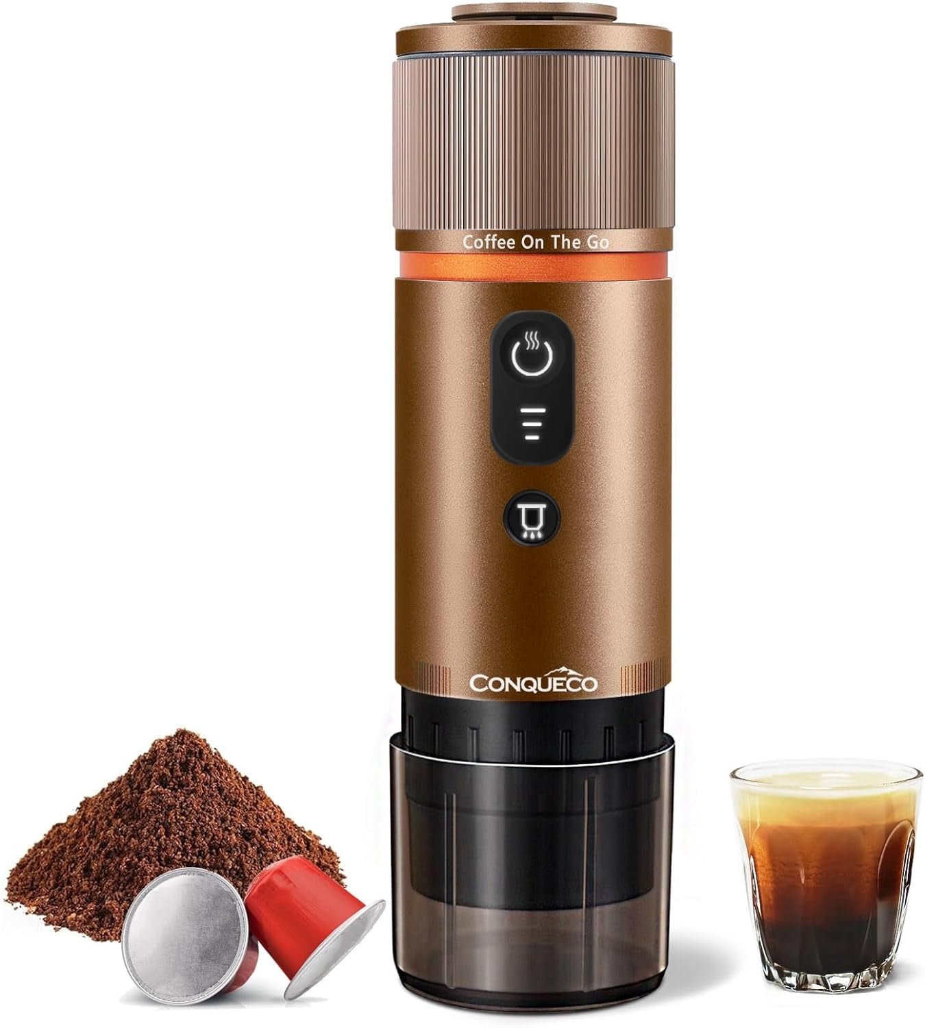 CONQUECO 12V bilespressomaskin: Bärbar espressomaskin med batteri för camping och resor - snabb uppvärmning på 2,5 minuter - 8 espressokoppar i en laddning