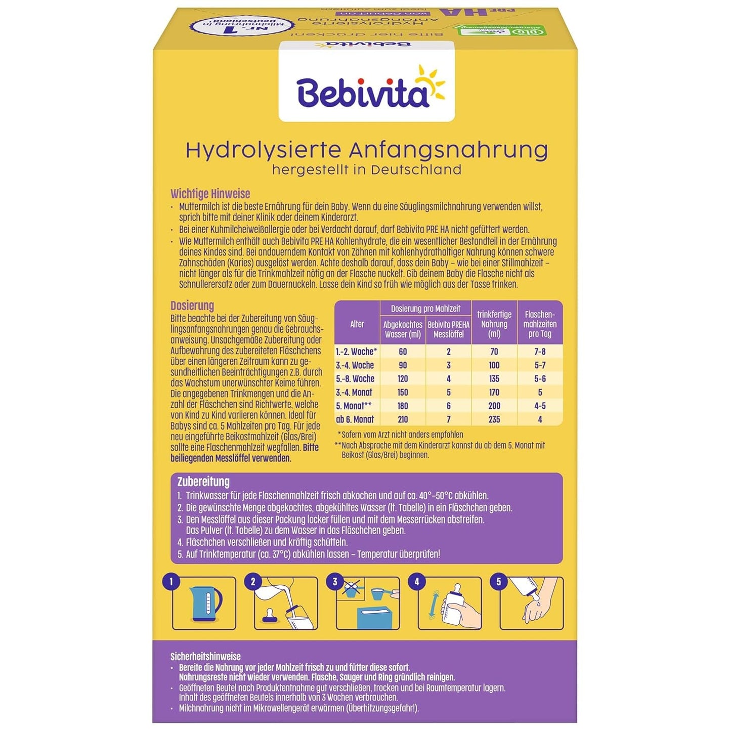 PRE HA (5 x 500g), hydrolyserad mjölkpulverformel från födseln, innehåller endast laktos som kolhydrat, lämplig för kompletterande utfodring
