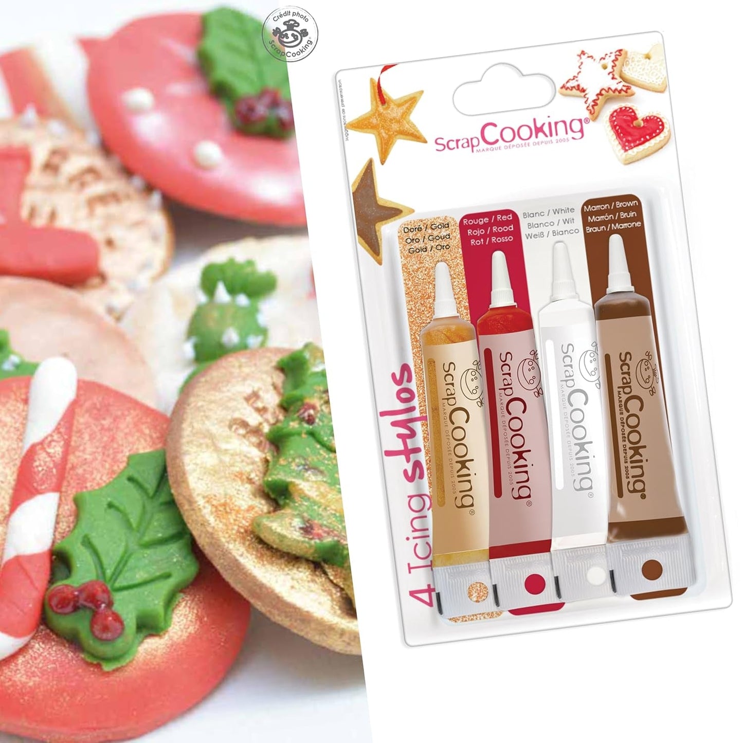 Scrapcooking - 4-delade markörer: guld, choklad, vit och röd - dekorativa ätbara pennor för att skriva och rita på desserter, kakor och kex