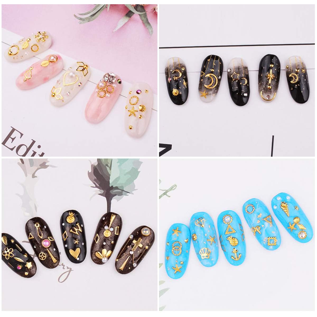 4 lådor Nagel Art Strass, 3D Nagel Art Decorations, Mix Größe Nagel Perlen Glitter Strass Guld Metall Hohlniet Nagelkunst Stern Mond Sonne Nagel Zubehör Für DIY Nageldesign