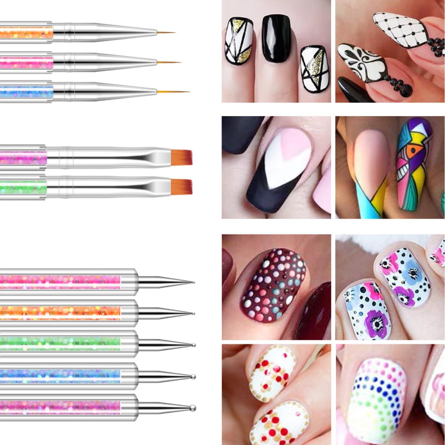 6 Stück Nagel Pinsel Set, Doppel-Ende Nageldesign Pinsel, Acryl Nail Art Pinsel Set Nail Art Liner Pinsel Dotting Tool Für DIY Nail Art Design (Mit 1 Schwammbürste)