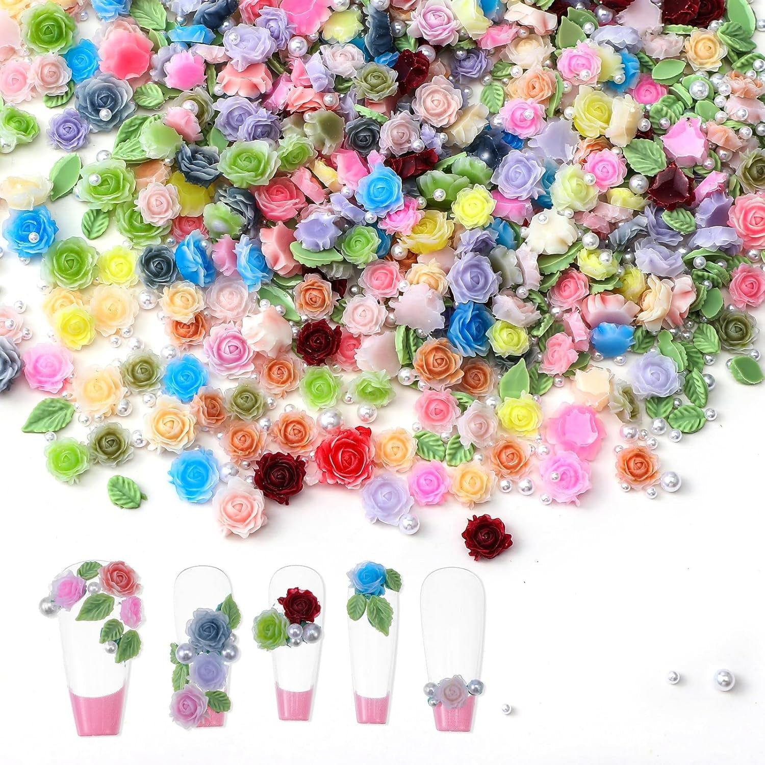 300 Stück Niedlich Blume Nail Charms, 3D Resin Blommor Camelie Rose Nägel Charms Mit Perle, Gemischt Größe Bunte Flower Nägel Deko Für Frauen Nail Art Zubehör