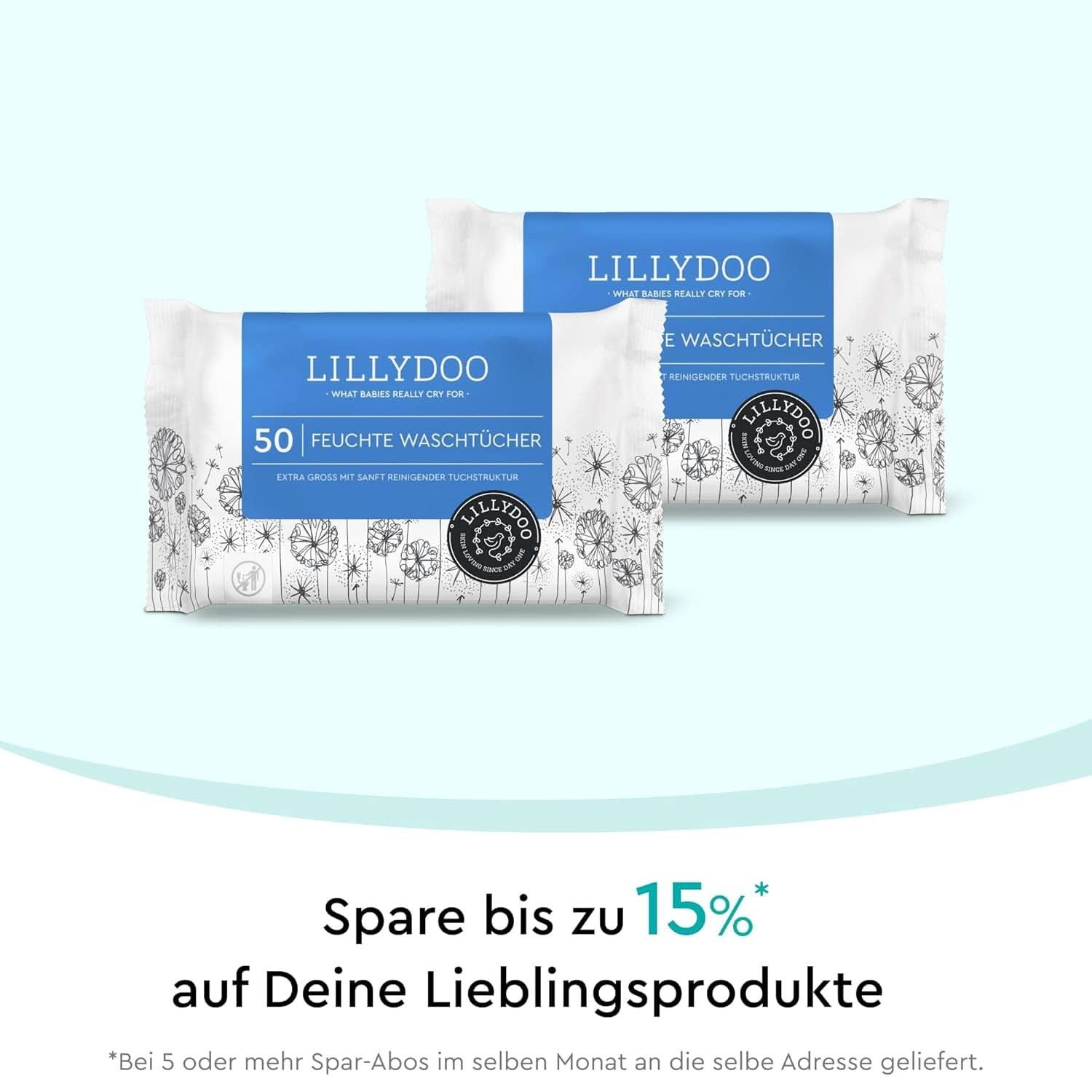 LILLYDOO Feuchte Waschtücher 350 Stück (7 X 50), 100 % Plastikfrei, Extra Großes Tuch, Ohne Parfüme Naty Shop