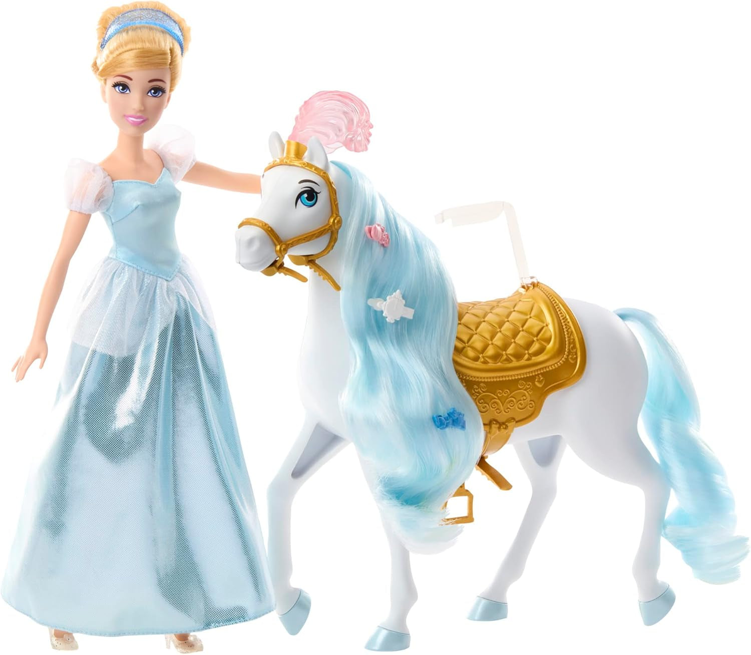Mattel DISNEY Princess Cinderella rörlig docka med gnistrande outfit, avtagbara skor och tiara, kambart hår för frisörnöje, från 3 år och uppåt, HLW06 Naty Shop Dolls sadlade upp och redo för balen