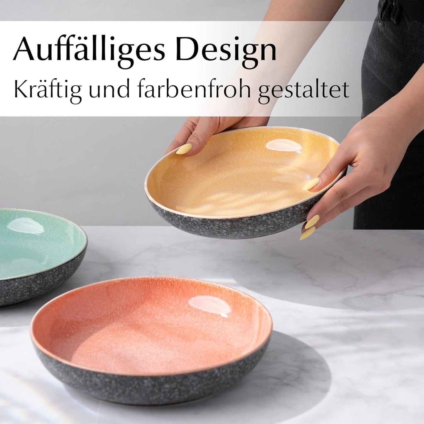 MIAMIO - Middagstallrikar, set med 6 (850 ml) / stora och djupa pastatallrikar, tallrikar för 6, keramisk salladsskål / diskmaskin och mikrovågssäker - Las Palmitas Collection