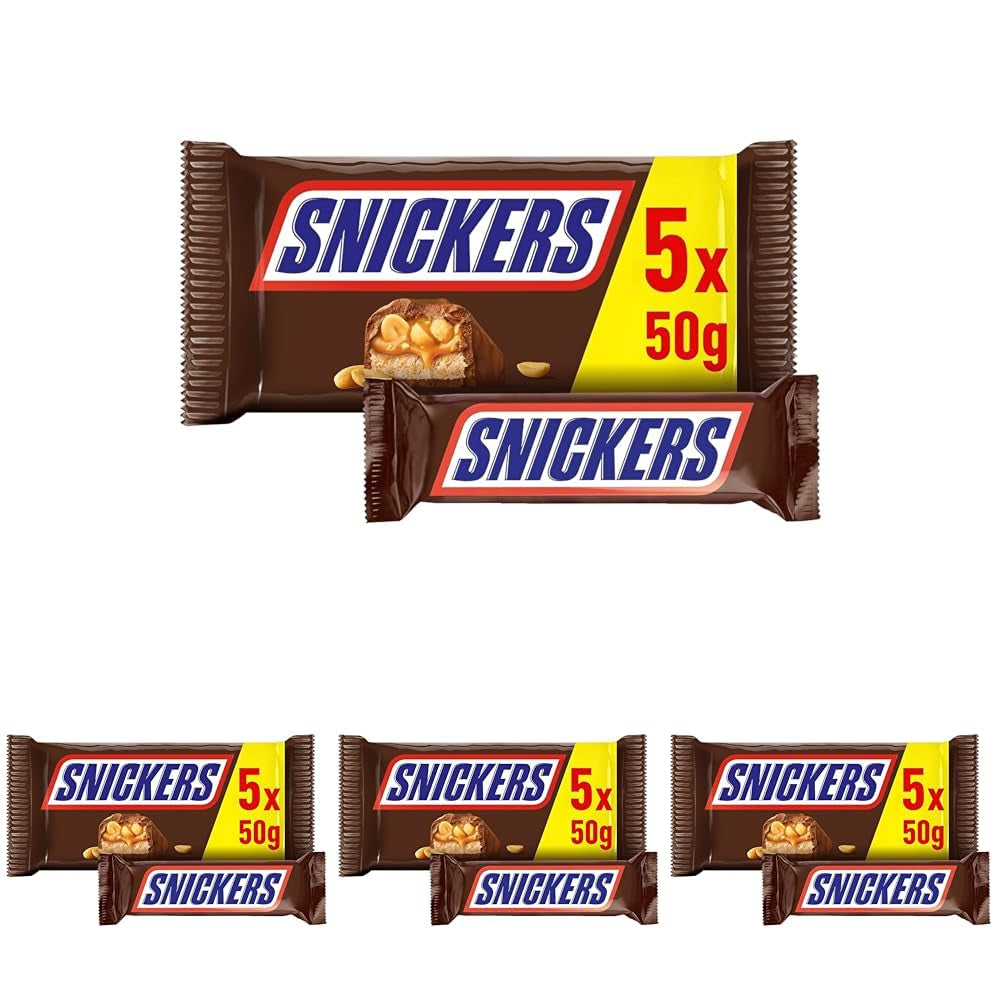 Snickers Chocolate Bar Peanut Caramel 5 Bar Pack | Snack fotboll | (1 x 5 x 50 g)