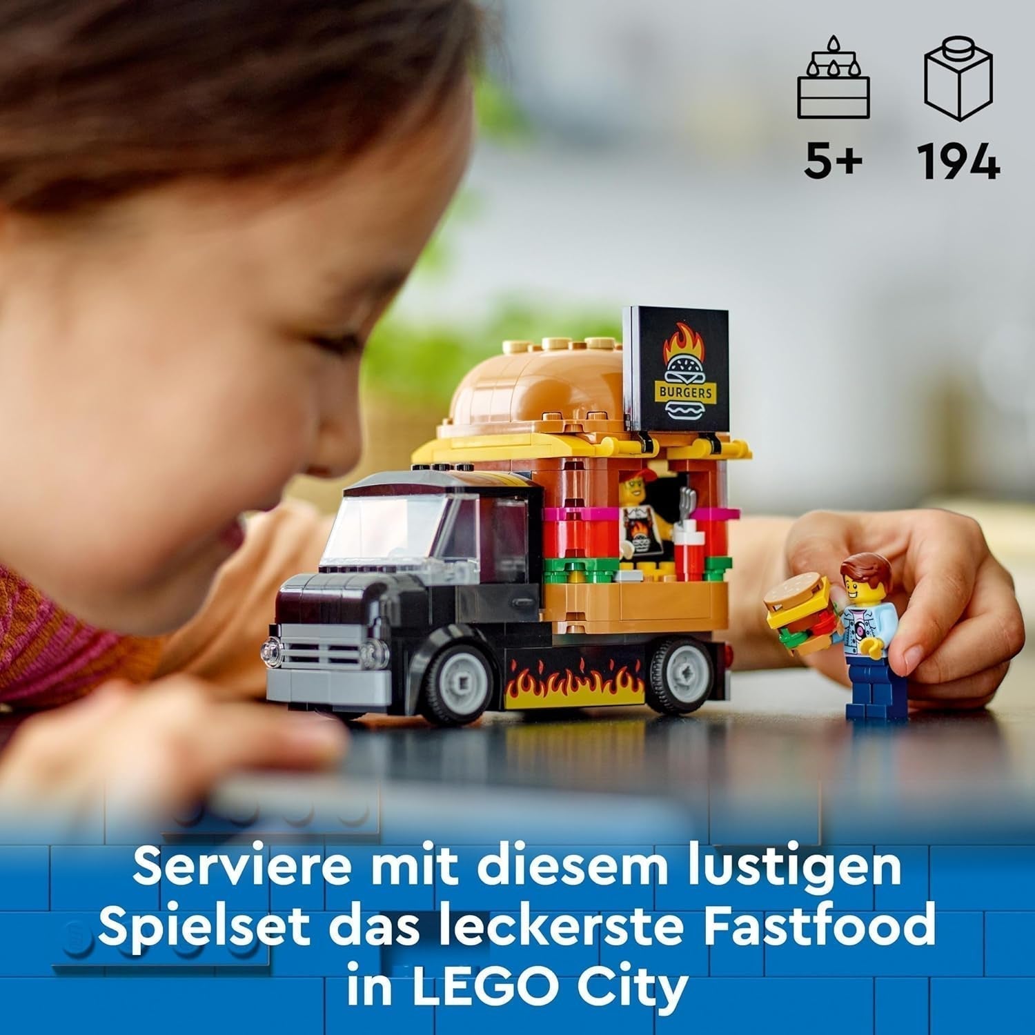 LEGO City Burger Truck Byggset med leksaksbil för 5-åringar, Food Truck minifigur och tillbehör, rolig present till pojkar och flickor 60404 Byggset Besuche den LEGO-Store
