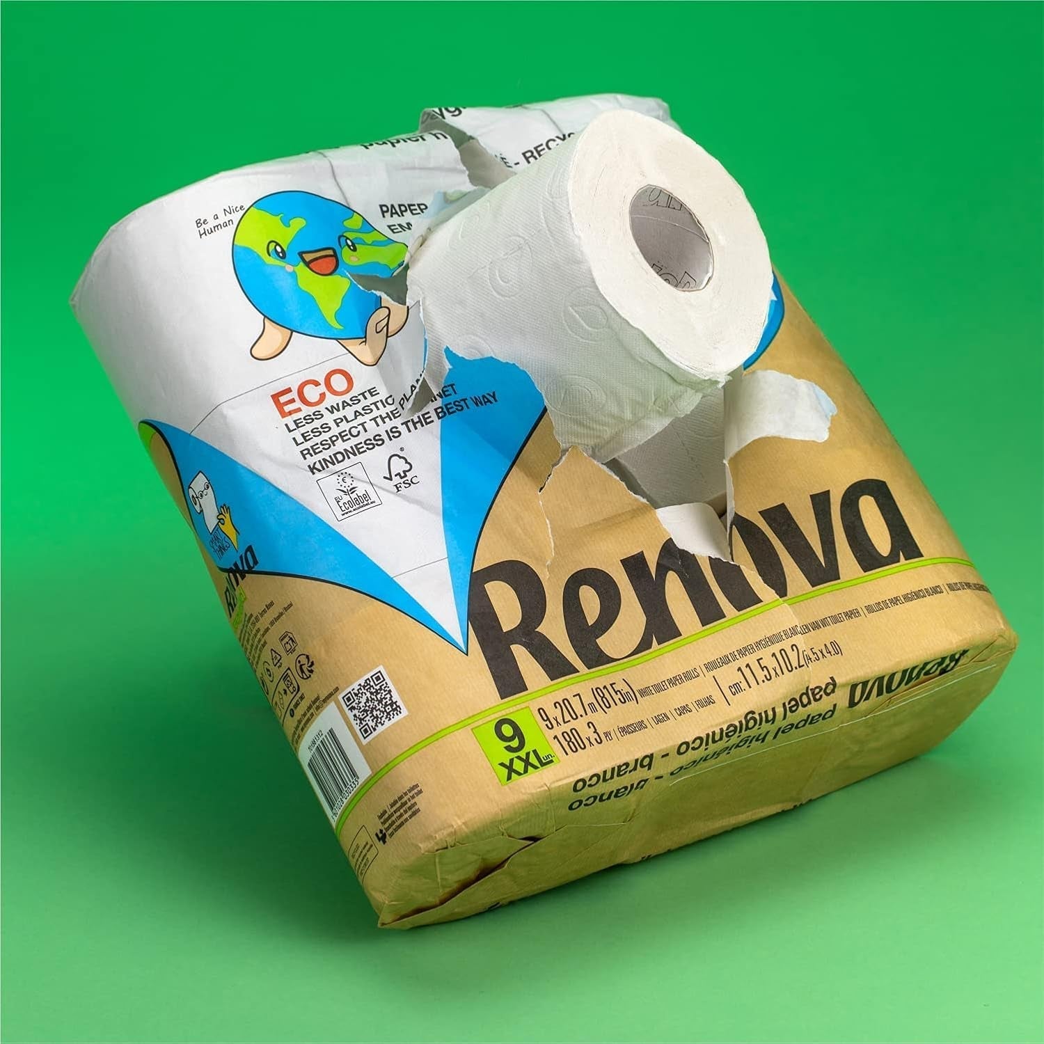 Renova 100% ÅTERVINNING toalettpapper 9 rullar, vit, normal