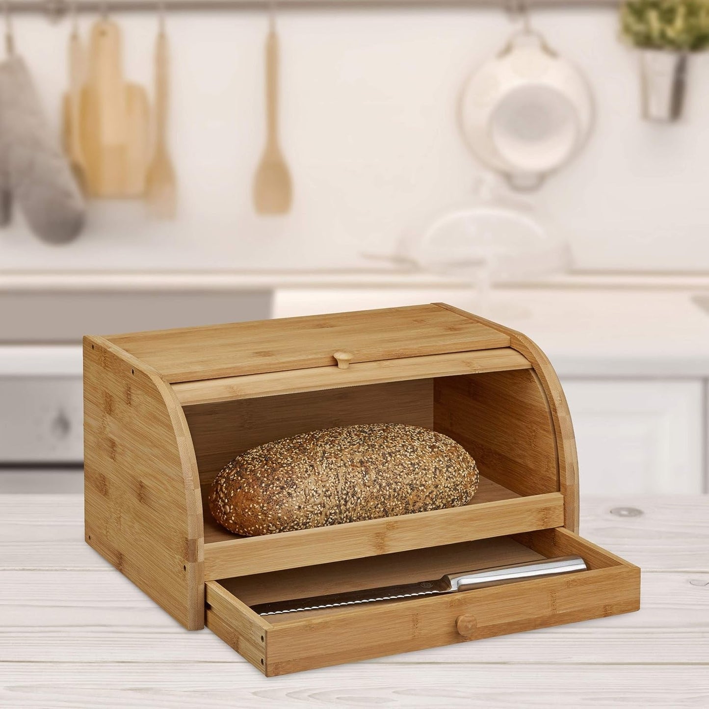 Relaxdays Rullande brödkorg med låda, bambu, HxBxD: 21 x 40,5 x 28 cm, trä, natur & bambu skärbräda ca. 3 x 37 x 21,5 cm Skärbräda med smulbricka för enkel rengöring naturliga matförvaringslådor Naty Shop