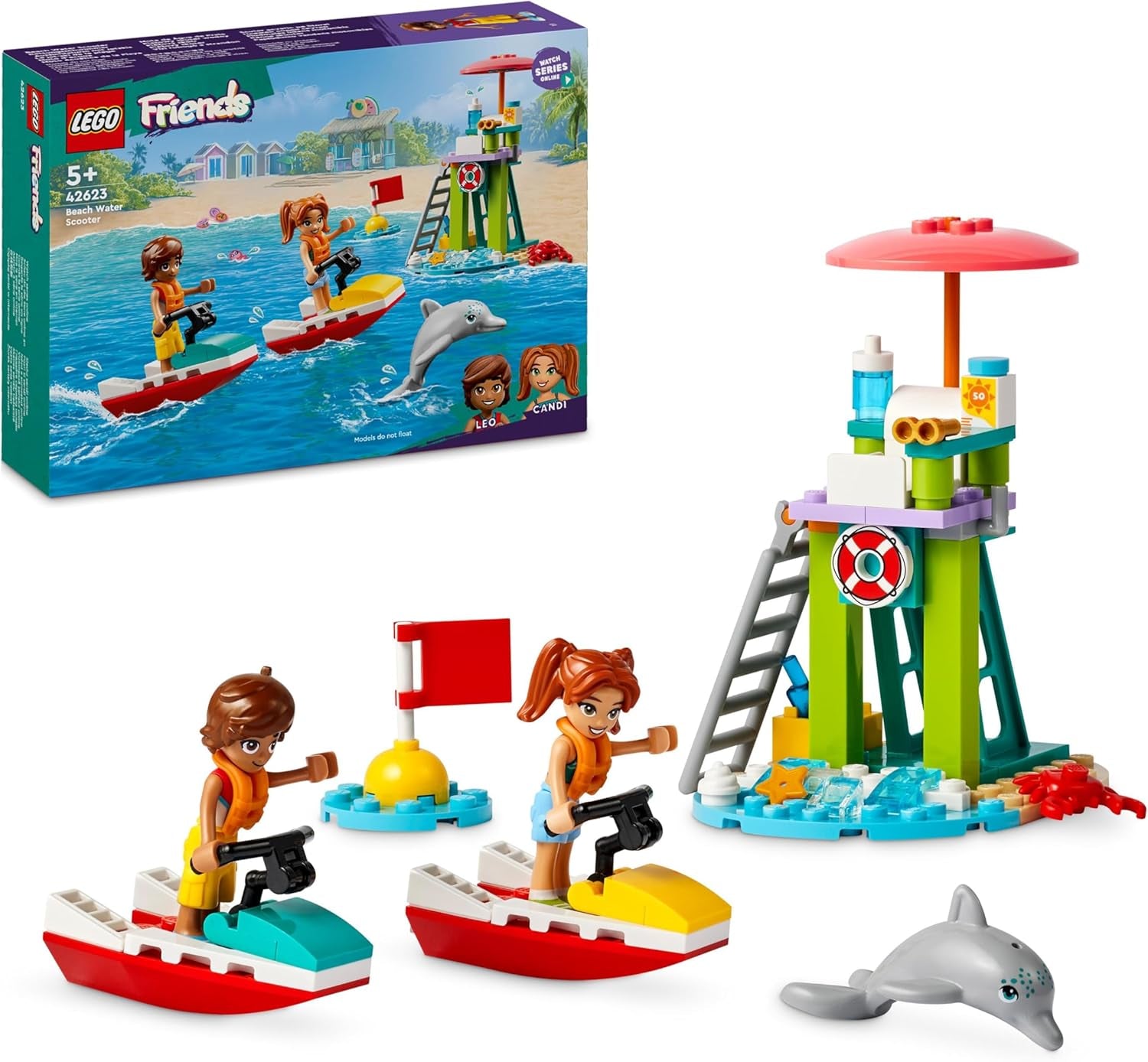LEGO Friends livräddare observationstorn med vattenskotrar, barnleksak, presentidé för flickor och pojkar från 5 år med 2 figurer och delfin, vattenskoterleksak 42623 Byggset Besuche den LEGO-Store Standardtitel