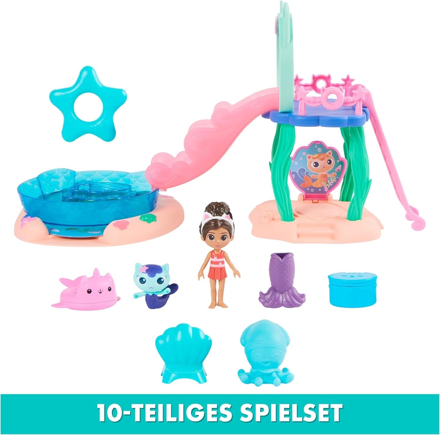 Gabby's Dollhouse, Purific Pool Party Lekset med Gabby och Meerkat figurer och Deluxe Room, Cakey Baking, Cakey Kitchen