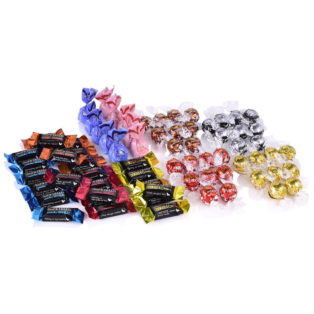 Chokladsortiment (37 LINDOR-kulor, 24 Hello Mini-pinnar, 10 Mini Fioretto), chokladpresent (1 x 815 g) och HELLO Mini Emoti, mjölkchoklad i 5 uttryckssymboler, 164 g