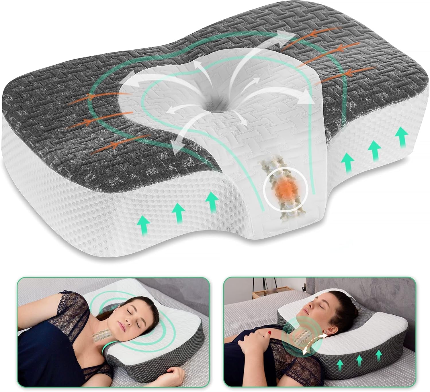 Elviros Memory Foam Ortopedisk kudde, Nacksmärtskudde, Sömnkudde, Ergonomisk Nackkudde, Nackstödskudde, Anti Snarkningskudde för sidosliprar, Magsliprar, Vita Naty Shop Cervikala Ortopediska Kuddar Mörkgrå 60 X 38,6 X 9,9/13,5 Cm