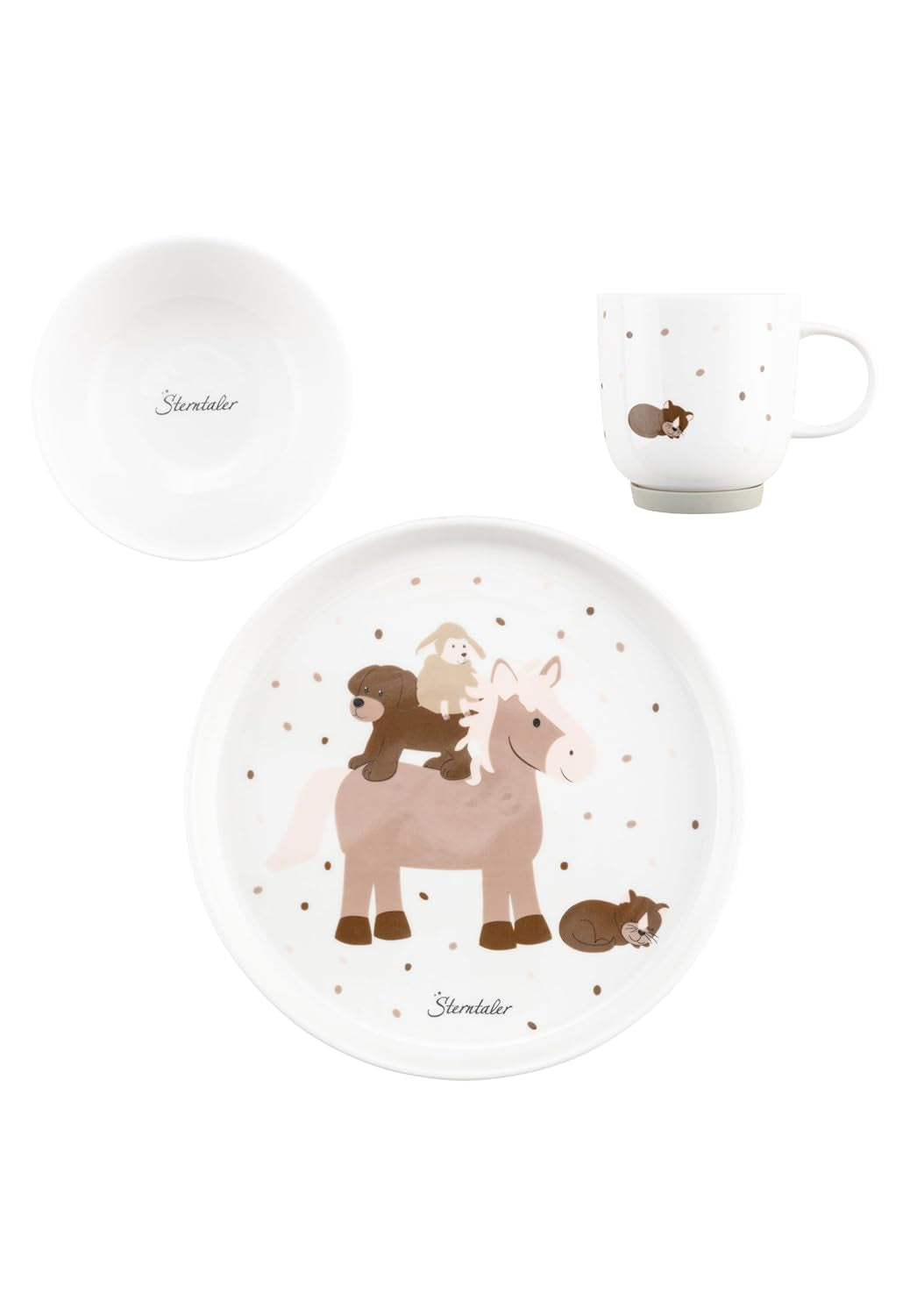 Sterntaler porslin servisset rustik design - halkfri och löstagbar silikonbas servisset - baby & barn servis med tallrik, 400 ml skål och 200 ml mugg, vit