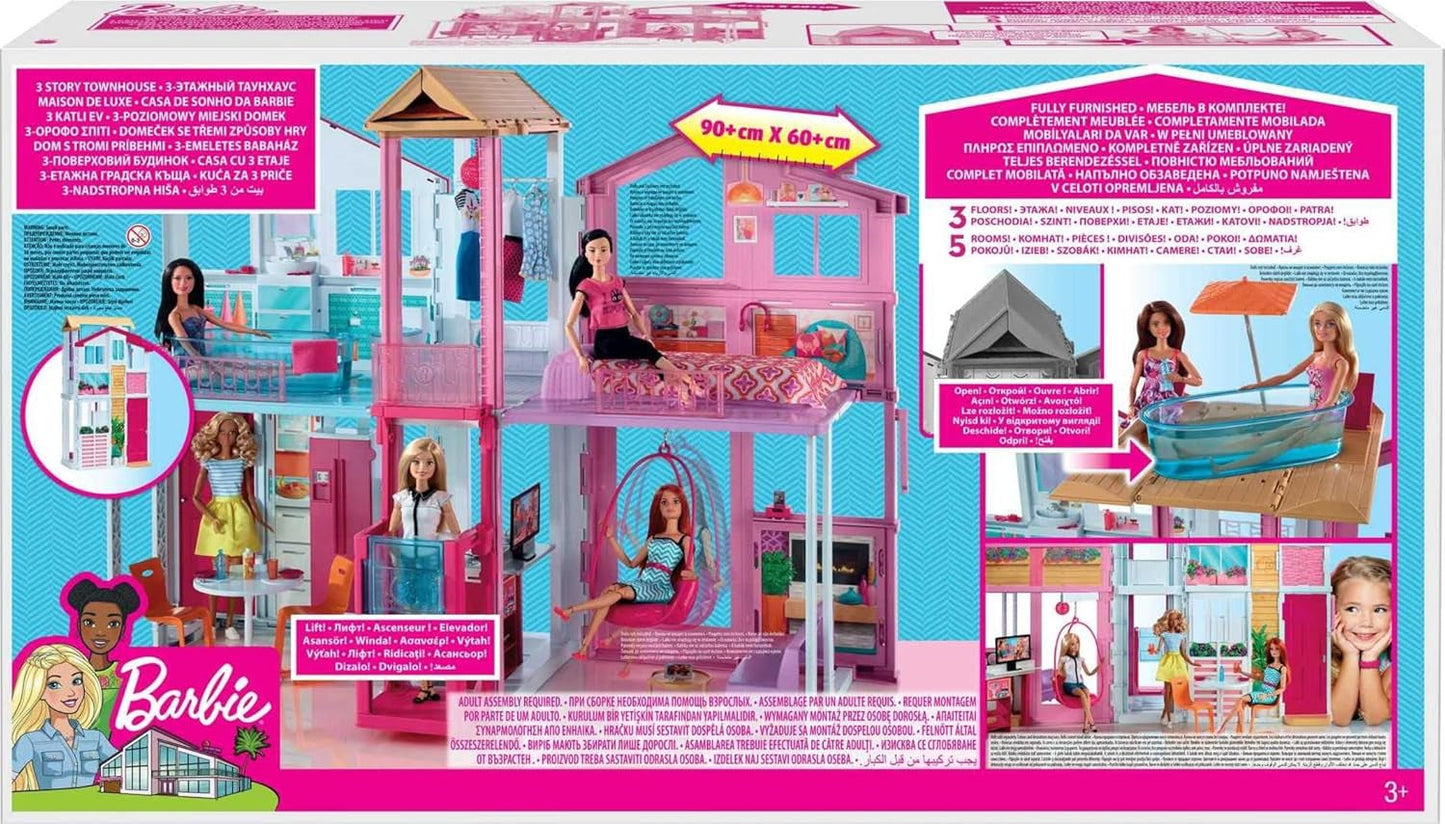 Barbie Dream House, 3-vånings 5-rums radhus, inkluderar tillbehör som möbler, hopfällbar och förvaring, leksak för åldrarna 3 och uppåt, DLY32