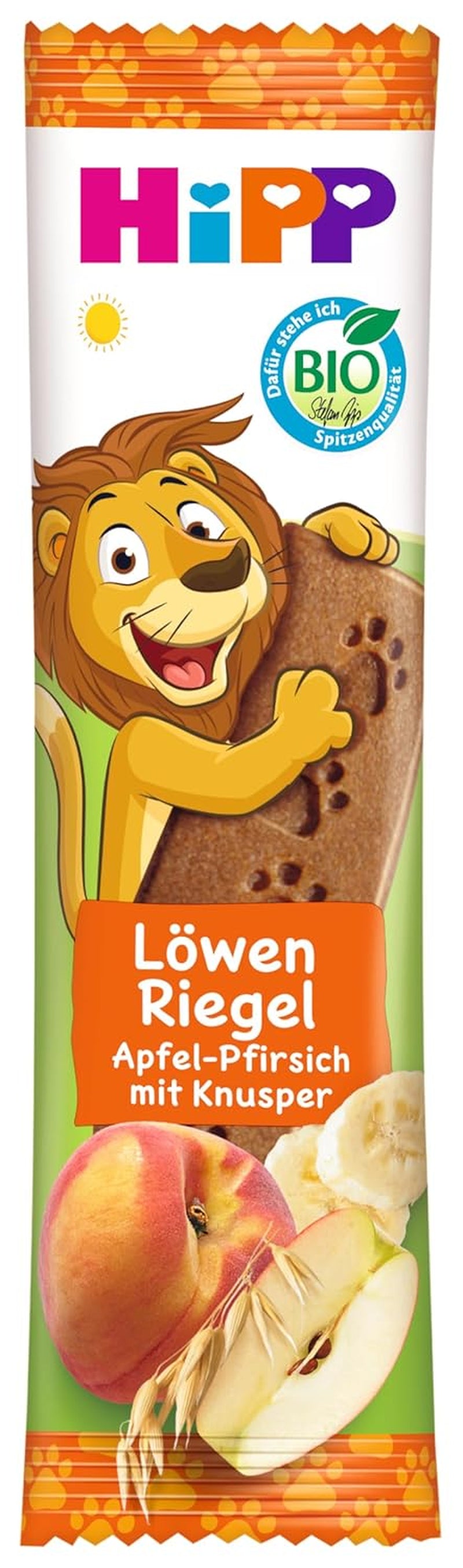 HiPP Lion Müslibars med crunchy havre och äpple och persika (24 x 20g), från 1 år, sötad endast med frukt, av bästa ekologiska kvalitet