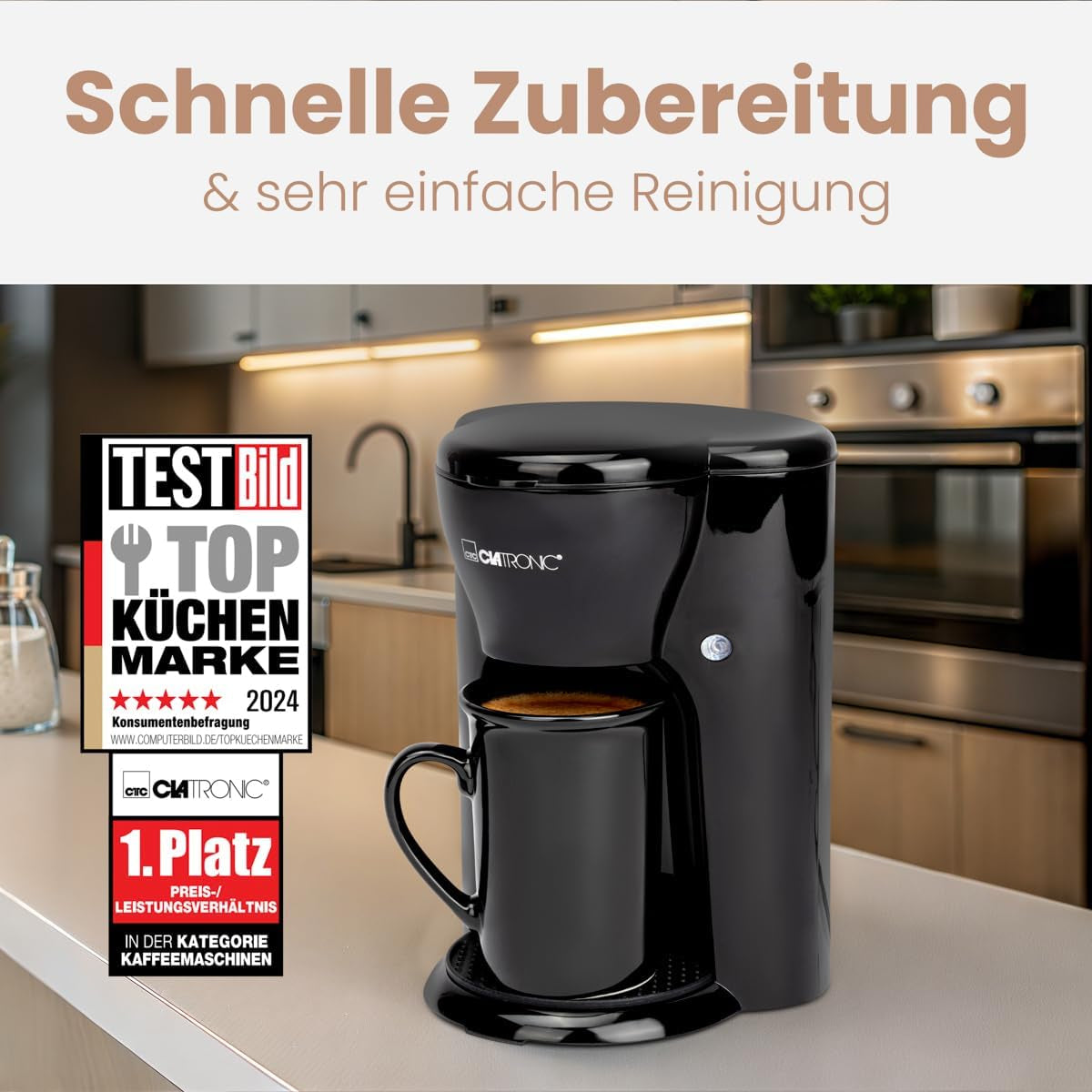 Clatronic® 1-kopps kaffebryggare | Perfekt espressomaskin för ensamstående | Espressomaskin med filter, inklusive keramisk kopp | Liten espressomaskin med filter, perfekt för resor | KA 3356