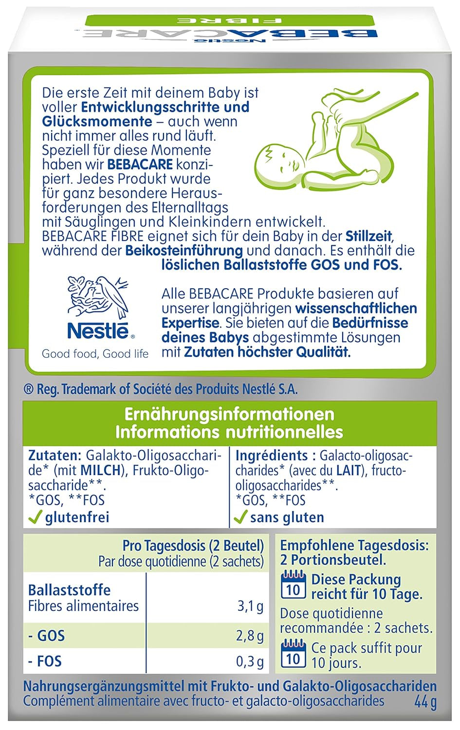BEBACARE FIBER glutenfritt kosttillskott för skonsam matsmältning, kosttillskott för spädbarn från födseln och små barn, 1x (20 x 2,2g)