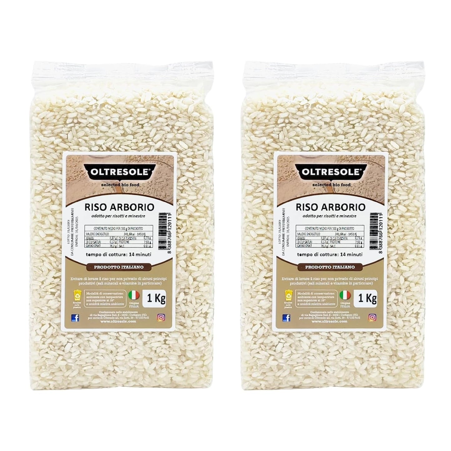 Hantverksmässigt italienskt Arborio-ris, storkornigt och stärkelsehaltigt ris, perfekt för soppor, risottos och rissallader, vakuumförpackad i 2 1 kg påsar